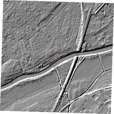 Shaded relief map of the ground around CB41TX, computed from Environment Agency LiDAR. The ground here sits at about 5 m above sea level and falls 6 m across the surrounding 800 m. Surface water reaching this point runs off ground lying to the east, 3.9 m higher.