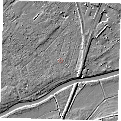 Shaded relief map of the ground around CB41UD, computed from Environment Agency LiDAR. The ground here sits at about 6 m above sea level and falls 6 m across the surrounding 800 m. Surface water reaching this point runs off ground lying to the west-north-west, 2.7 m higher.