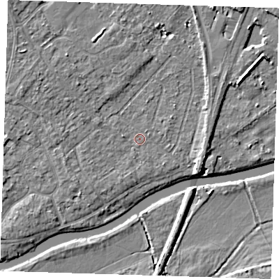 Shaded relief map of the ground around CB41UE, computed from Environment Agency LiDAR. The ground here sits at about 6 m above sea level and falls 6 m across the surrounding 800 m. Surface water reaching this point runs off ground lying to the north-west, 2.8 m higher.