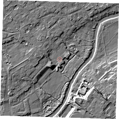 Shaded relief map of the ground around CB41WA, computed from Environment Agency LiDAR. The ground here sits at about 6 m above sea level and falls 11 m across the surrounding 800 m. Surface water reaching this point runs off ground lying to the west-north-west, 2.9 m higher.