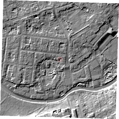 Shaded relief map of the ground around CB41WF, computed from Environment Agency LiDAR. The ground here sits at about 6 m above sea level and falls 10 m across the surrounding 800 m. Surface water reaching this point runs off ground lying to the north, 1.3 m higher.