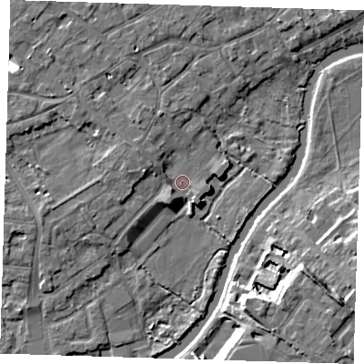 Shaded relief map of the ground around CB41WH, computed from Environment Agency LiDAR. The ground here sits at about 6 m above sea level and falls 11 m across the surrounding 800 m. Surface water reaching this point runs off ground lying to the west-north-west, 3.8 m higher.