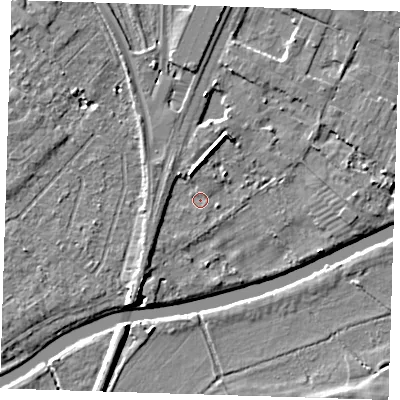 Shaded relief map of the ground around CB41YP, computed from Environment Agency LiDAR. The ground here sits at about 5 m above sea level and falls 6 m across the surrounding 800 m. Surface water reaching this point runs off ground lying to the north-north-west, 3.1 m higher.