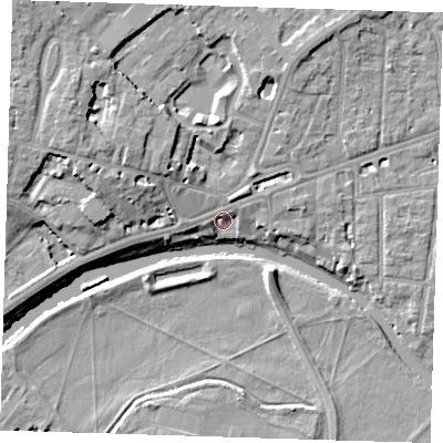 Shaded relief map of the ground around CB43AX, computed from Environment Agency LiDAR. The ground here sits at about 7 m above sea level and falls 12 m across the surrounding 800 m. Surface water reaching this point runs off ground lying to the north-west, 8.7 m higher.