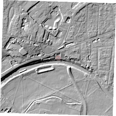 Shaded relief map of the ground around CB43BB, computed from Environment Agency LiDAR. The ground here sits at about 6 m above sea level and falls 11 m across the surrounding 800 m. Surface water reaching this point runs off ground lying to the north-west, 11.1 m higher.