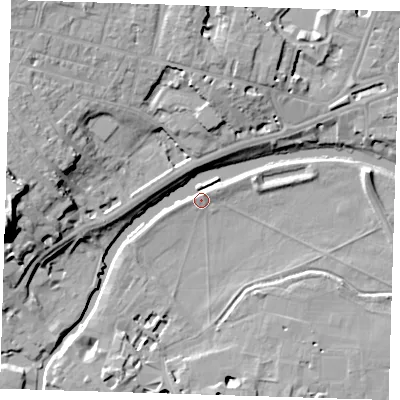 Shaded relief map of the ground around CB43BD, computed from Environment Agency LiDAR. The ground here sits at about 6 m above sea level and falls 28 m across the surrounding 800 m. Surface water reaching this point runs off ground lying to the north-north-east, 2.9 m higher.