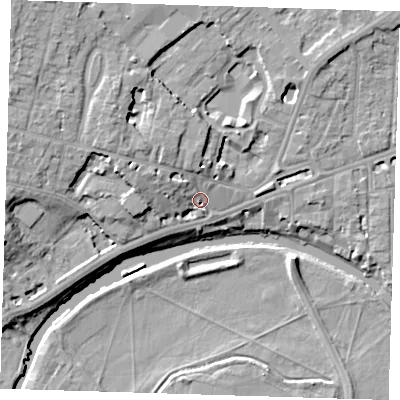 Shaded relief map of the ground around CB43BN, computed from Environment Agency LiDAR. The ground here sits at about 9 m above sea level and falls 13 m across the surrounding 800 m. Surface water reaching this point runs off ground lying to the west-north-west, 6.1 m higher.