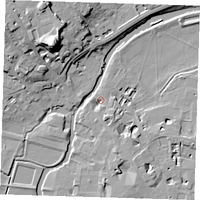 Shaded relief map of the ground around CB58AB, computed from Environment Agency LiDAR. The ground here sits at about 7 m above sea level and falls 29 m across the surrounding 800 m. Surface water reaching this point runs off ground lying to the south-south-east, 5.6 m higher.