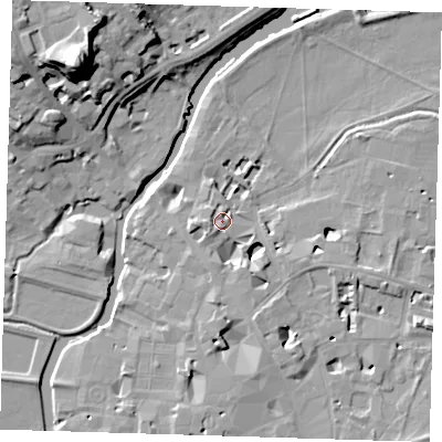 Shaded relief map of the ground around CB58AF, computed from Environment Agency LiDAR. The ground here sits at about 8 m above sea level and falls 29 m across the surrounding 800 m. Surface water reaching this point runs off ground lying to the west-south-west, 2.7 m higher.