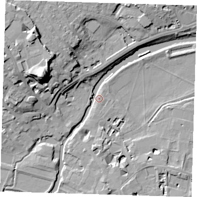 Shaded relief map of the ground around CB58AG, computed from Environment Agency LiDAR. The ground here sits at about 7 m above sea level and falls 29 m across the surrounding 800 m. Surface water reaching this point runs off ground lying to the west-north-west, 17.1 m higher.