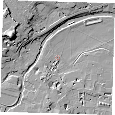 Shaded relief map of the ground around CB58AL, computed from Environment Agency LiDAR. The ground here sits at about 6 m above sea level and falls 29 m across the surrounding 800 m. Surface water reaching this point runs off ground lying to the south-south-west, 4.6 m higher.