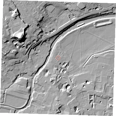 Shaded relief map of the ground around CB58AN, computed from Environment Agency LiDAR. The ground here sits at about 6 m above sea level and falls 29 m across the surrounding 800 m. Surface water reaching this point runs off ground lying to the west-south-west, 0.9 m higher.