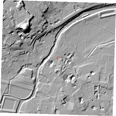 Shaded relief map of the ground around CB58AQ, computed from Environment Agency LiDAR. The ground here sits at about 7 m above sea level and falls 29 m across the surrounding 800 m. Surface water reaching this point runs off ground lying to the south, 4.6 m higher.