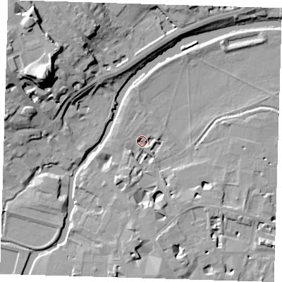 Shaded relief map of the ground around CB58AT, computed from Environment Agency LiDAR. The ground here sits at about 5 m above sea level and falls 29 m across the surrounding 800 m. Surface water reaching this point runs off ground lying to the south-south-west, 4.6 m higher.