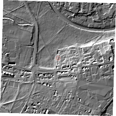 Shaded relief map of the ground around CB58DH, computed from Environment Agency LiDAR. The ground here sits at about 7 m above sea level and falls 11 m across the surrounding 800 m. Surface water reaching this point runs off ground lying to the east-south-east, 8.0 m higher.