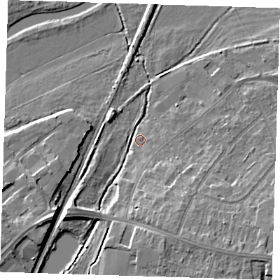 Shaded relief map of the ground around CB58EB, computed from Environment Agency LiDAR. The ground here sits at about 6 m above sea level and falls 10 m across the surrounding 800 m. Surface water reaching this point runs off ground lying to the south-east, 9.0 m higher.