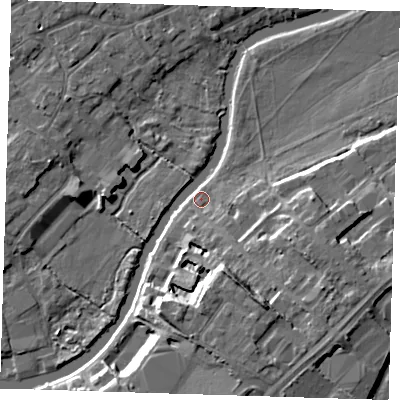 Shaded relief map of the ground around CB58EY, computed from Environment Agency LiDAR. The ground here sits at about 6 m above sea level and falls 11 m across the surrounding 800 m. Surface water reaching this point runs off ground lying to the south-south-east, 10.5 m higher.