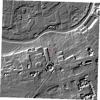 Shaded relief map of the ground around CB58HH, computed from Environment Agency LiDAR. The ground here sits at about 9 m above sea level and falls 11 m across the surrounding 800 m. Surface water reaching this point runs off ground lying to the south, 4.3 m higher.