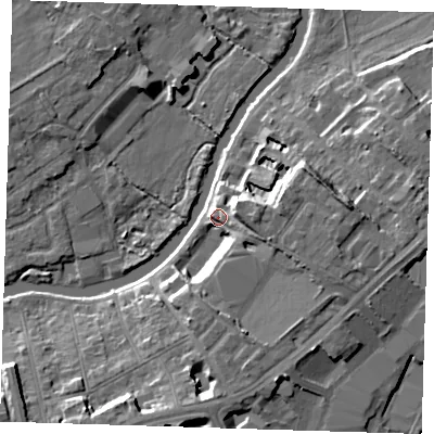 Shaded relief map of the ground around CB58HN, computed from Environment Agency LiDAR. The ground here sits at about 9 m above sea level and falls 11 m across the surrounding 800 m. Surface water reaching this point runs off ground lying to the east-north-east, 6.9 m higher.