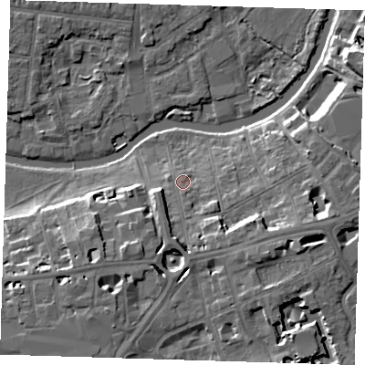 Shaded relief map of the ground around CB58HQ, computed from Environment Agency LiDAR. The ground here sits at about 8 m above sea level and falls 11 m across the surrounding 800 m. Surface water reaching this point runs off ground lying to the south-east, 7.0 m higher.
