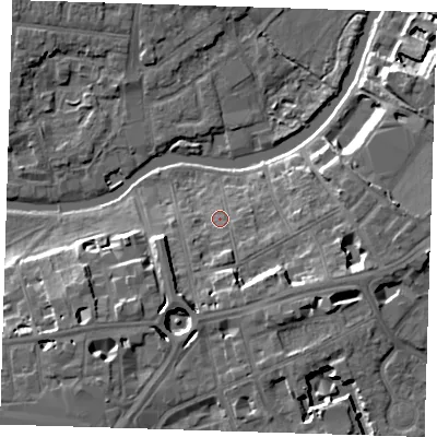 Shaded relief map of the ground around CB58HT, computed from Environment Agency LiDAR. The ground here sits at about 7 m above sea level and falls 11 m across the surrounding 800 m. Surface water reaching this point runs off ground lying to the south-east, 6.7 m higher.