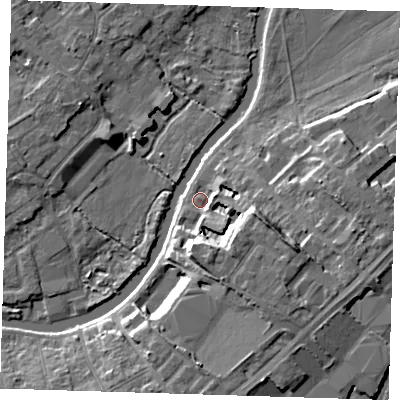 Shaded relief map of the ground around CB58JB, computed from Environment Agency LiDAR. The ground here sits at about 6 m above sea level and falls 11 m across the surrounding 800 m. Surface water reaching this point runs off ground lying to the south-east, 7.8 m higher.