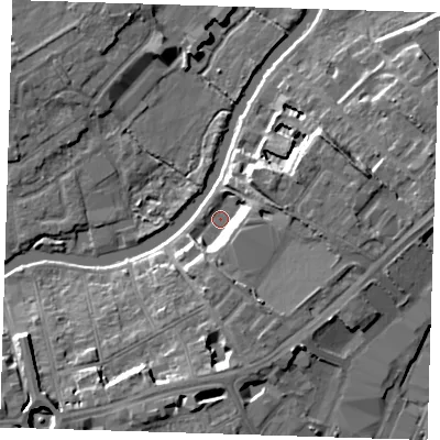 Shaded relief map of the ground around CB58JF, computed from Environment Agency LiDAR. The ground here sits at about 5 m above sea level and falls 11 m across the surrounding 800 m. Surface water reaching this point runs off ground lying to the south-south-east, 8.2 m higher.