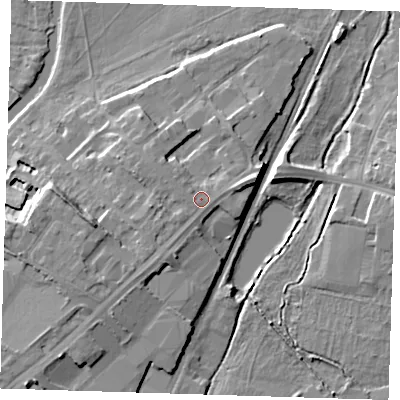 Shaded relief map of the ground around CB58JJ, computed from Environment Agency LiDAR. The ground here sits at about 11 m above sea level and falls 11 m across the surrounding 800 m. Surface water reaching this point runs off ground lying to the south-west, 2.8 m higher.
