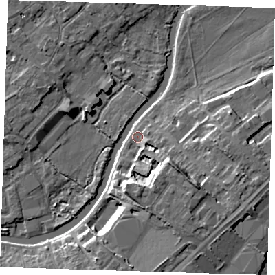 Shaded relief map of the ground around CB58JQ, computed from Environment Agency LiDAR. The ground here sits at about 6 m above sea level and falls 11 m across the surrounding 800 m. Surface water reaching this point runs off ground lying to the south-south-east, 7.8 m higher.