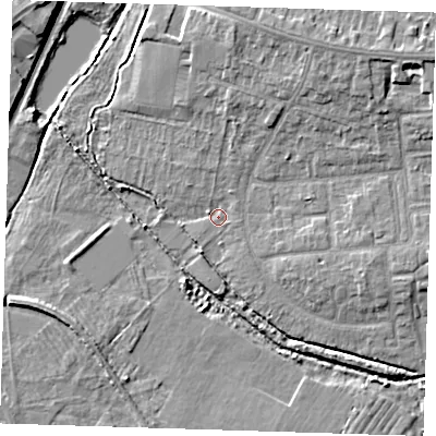 Shaded relief map of the ground around CB58NT, computed from Environment Agency LiDAR. The ground here sits at about 8 m above sea level and falls 9 m across the surrounding 800 m. Surface water reaching this point runs off ground lying to the north-east, 6.7 m higher.