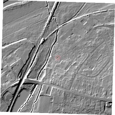 Shaded relief map of the ground around CB58QD, computed from Environment Agency LiDAR. The ground here sits at about 7 m above sea level and falls 10 m across the surrounding 800 m. Surface water reaching this point runs off ground lying to the south-east, 4.7 m higher.
