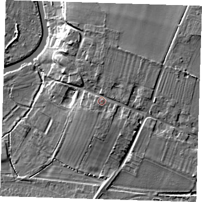 Shaded relief map of the ground around CB58ST, computed from Environment Agency LiDAR. The ground here sits at about 13 m above sea level and falls 13 m across the surrounding 800 m. Surface water reaching this point runs off ground lying to the north-east, 2.9 m higher.