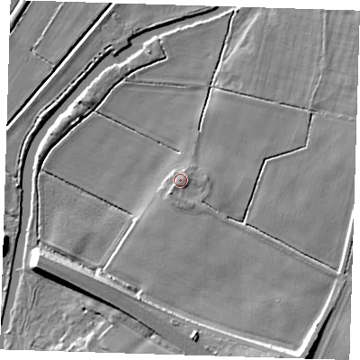 Shaded relief map of the ground around CB58TB, computed from Environment Agency LiDAR. The ground here sits at about 6 m above sea level and falls 10 m across the surrounding 800 m. Surface water reaching this point runs off ground lying to the south-west, 1.5 m higher.