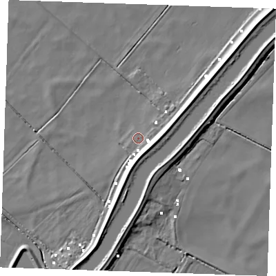 Shaded relief map of the ground around CB61EF, computed from Environment Agency LiDAR. The ground here sits at about -1 m above sea level and falls 7 m across the surrounding 800 m. Surface water reaching this point runs off ground lying to the east-south-east, 5.3 m higher.