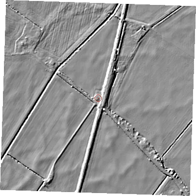 Shaded relief map of the ground around CB61EH, computed from Environment Agency LiDAR. The ground here sits at about -0 m above sea level and falls 6 m across the surrounding 800 m. Surface water reaching this point runs off ground lying to the south-east, 2.5 m higher.