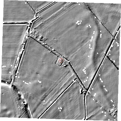 Shaded relief map of the ground around CB61EJ, computed from Environment Agency LiDAR. The ground here sits at about 0 m above sea level and falls 6 m across the surrounding 800 m. Surface water reaching this point runs off ground lying to the south-west, 2.8 m higher.