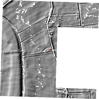 Shaded relief map of the ground around CB61EL, computed from Environment Agency LiDAR. The ground here sits at about 0 m above sea level and falls 5 m across the surrounding 800 m. Surface water reaching this point runs off ground lying to the west-south-west, 1.6 m higher.