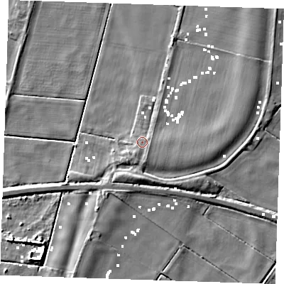 Shaded relief map of the ground around CB61ER, computed from Environment Agency LiDAR. The ground here sits at about 1 m above sea level and falls 6 m across the surrounding 800 m. Surface water reaching this point runs off ground lying to the south-south-east, 1.8 m higher.