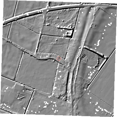 Shaded relief map of the ground around CB61EW, computed from Environment Agency LiDAR. The ground here sits at about 0 m above sea level and falls 7 m across the surrounding 800 m. Surface water reaching this point runs off ground lying to the east-south-east, 3.1 m higher.