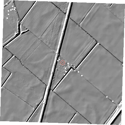 Shaded relief map of the ground around CB61FB, computed from Environment Agency LiDAR. The ground here sits at about -0 m above sea level and falls 8 m across the surrounding 800 m. Surface water reaching this point runs off ground lying to the north-north-west, 2.3 m higher.