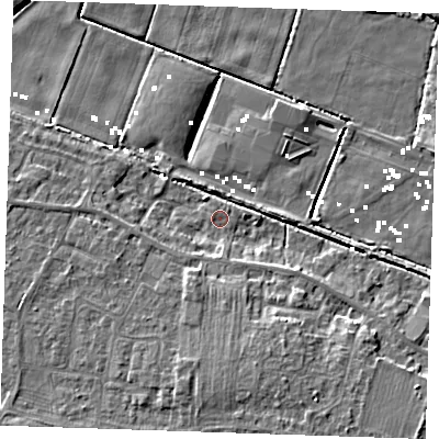 Shaded relief map of the ground around CB61FW, computed from Environment Agency LiDAR. The ground here sits at about 1 m above sea level and falls 10 m across the surrounding 800 m. Surface water reaching this point runs off ground lying to the south, 2.3 m higher.