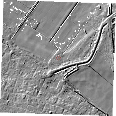 Shaded relief map of the ground around CB61FZ, computed from Environment Agency LiDAR. The ground here sits at about 2 m above sea level and falls 11 m across the surrounding 800 m. Surface water reaching this point runs off ground lying to the south-south-east, 2.4 m higher.