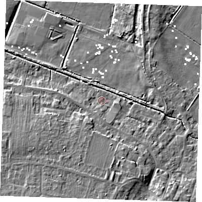 Shaded relief map of the ground around CB61JB, computed from Environment Agency LiDAR. The ground here sits at about 1 m above sea level and falls 11 m across the surrounding 800 m. Surface water reaching this point runs off ground lying to the south, 6.5 m higher.
