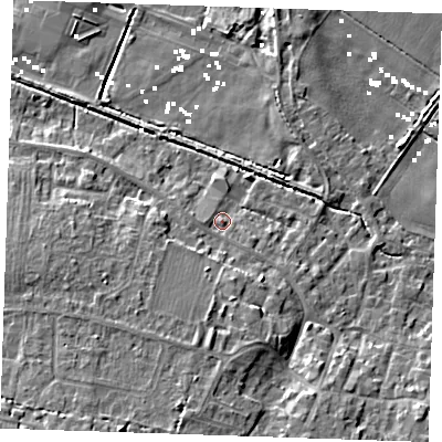 Shaded relief map of the ground around CB61JH, computed from Environment Agency LiDAR. The ground here sits at about 3 m above sea level and falls 12 m across the surrounding 800 m. Surface water reaching this point runs off ground lying to the south, 6.3 m higher.
