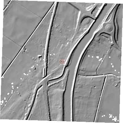 Shaded relief map of the ground around CB61JL, computed from Environment Agency LiDAR. The ground here sits at about 2 m above sea level and falls 9 m across the surrounding 800 m. Surface water reaching this point runs off ground lying to the south-east, 3.8 m higher.