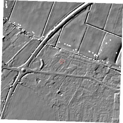 Shaded relief map of the ground around CB61JW, computed from Environment Agency LiDAR. The ground here sits at about 3 m above sea level and falls 9 m across the surrounding 800 m. Surface water reaching this point runs off ground lying to the south-west, 1.2 m higher.