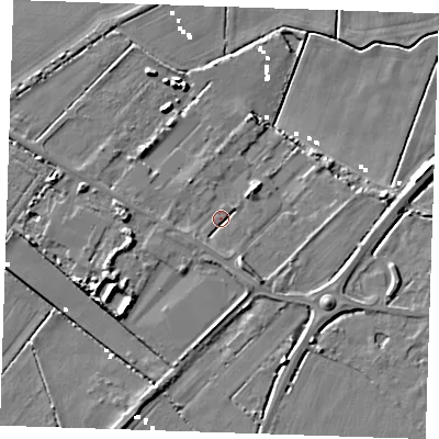 Shaded relief map of the ground around CB61PE, computed from Environment Agency LiDAR. The ground here sits at about 2 m above sea level and falls 8 m across the surrounding 800 m. Surface water reaching this point runs off ground lying to the south, 1.9 m higher.