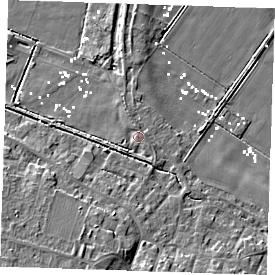 Shaded relief map of the ground around CB61PU, computed from Environment Agency LiDAR. The ground here sits at about 2 m above sea level and falls 10 m across the surrounding 800 m. Surface water reaching this point runs off ground lying to the north, 1.9 m higher.