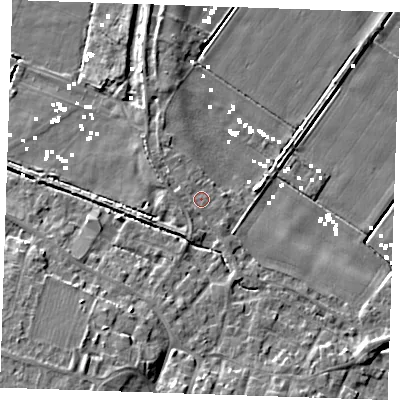 Shaded relief map of the ground around CB61PX, computed from Environment Agency LiDAR. The ground here sits at about 2 m above sea level and falls 10 m across the surrounding 800 m. The ground contributing surface water to this point lies to the west.