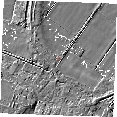 Shaded relief map of the ground around CB61PY, computed from Environment Agency LiDAR. The ground here sits at about 1 m above sea level and falls 10 m across the surrounding 800 m. Surface water reaching this point runs off ground lying to the south-west, 1.9 m higher.